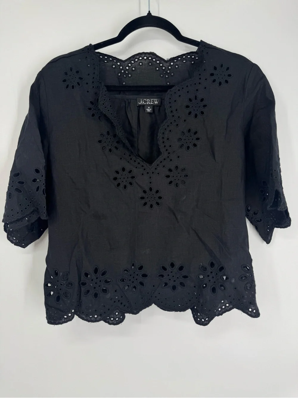 NEW J. Crew Embroidered Eyelet Top Black Linen Scalloped Trim Loose Size M